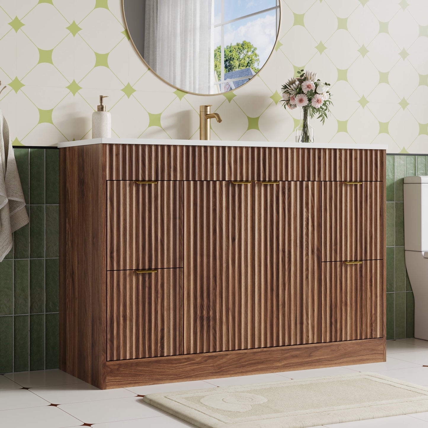 ASTUVIA 60" Fluted Bathroom Vanity Cabinet with 2 Drawers,Bathroom Vanity with Sink and 4 Soft-Close Doors,Floating Bathroom Sink Cabinet,Brown