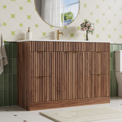 ASTUVIA 60" Fluted Bathroom Vanity Cabinet with 2 Drawers,Bathroom Vanity with Sink and 4 Soft-Close Doors,Floating Bathroom Sink Cabinet,Brown