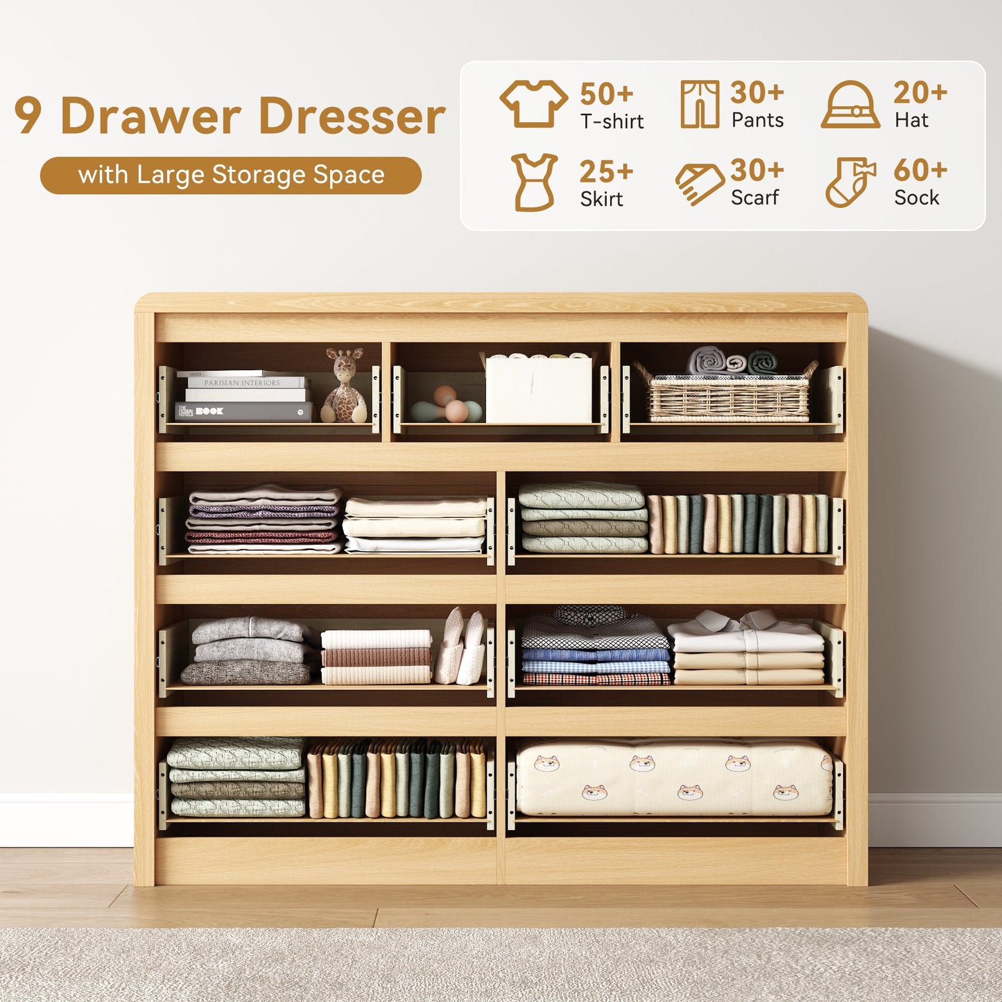 ASTUVIA 9 Fluted Drawers Dresser for Bedroom, 49.2" W Modern Chest of Drawers with Curved Profile Design, Mid Century Storage Dressers Organizer,Brown