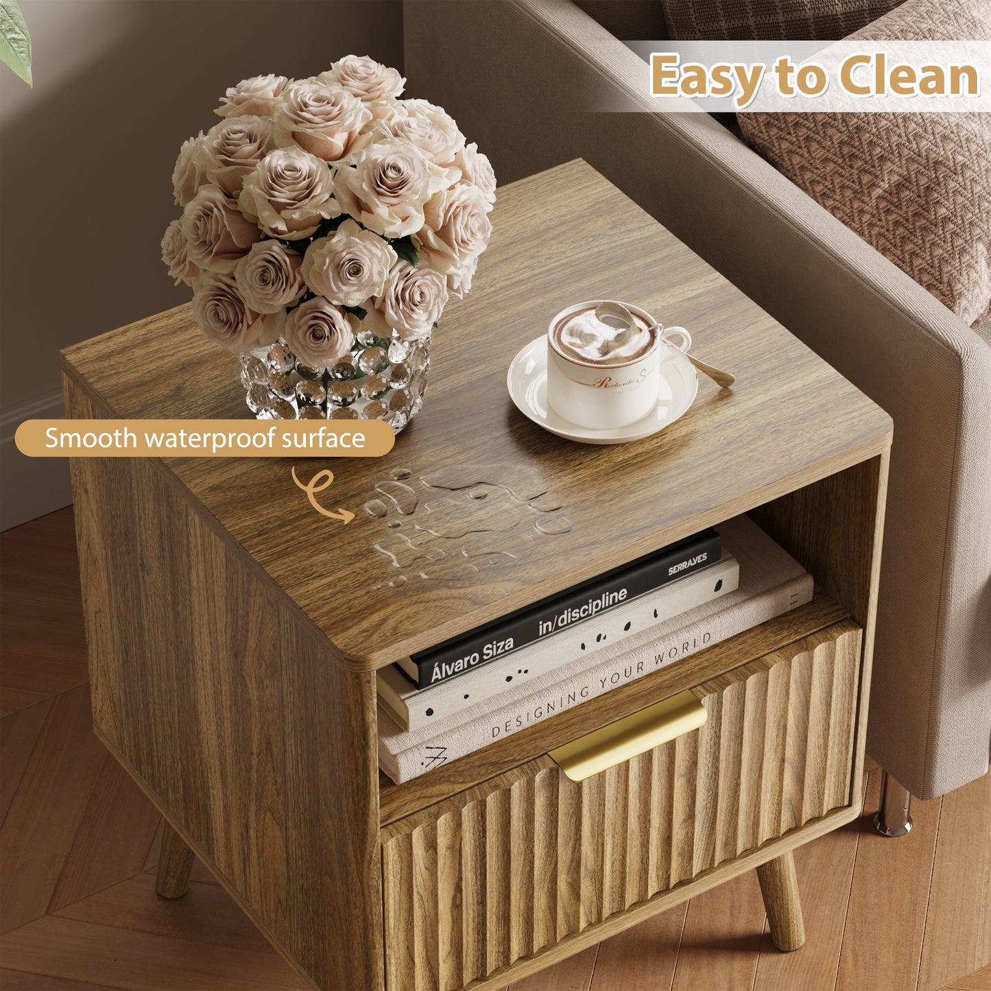 YouTrend Nightstands Set of 2 with Open Shelf,Beside Table with Fluted Design ,End Table with Solid Wood Legs for bedroom