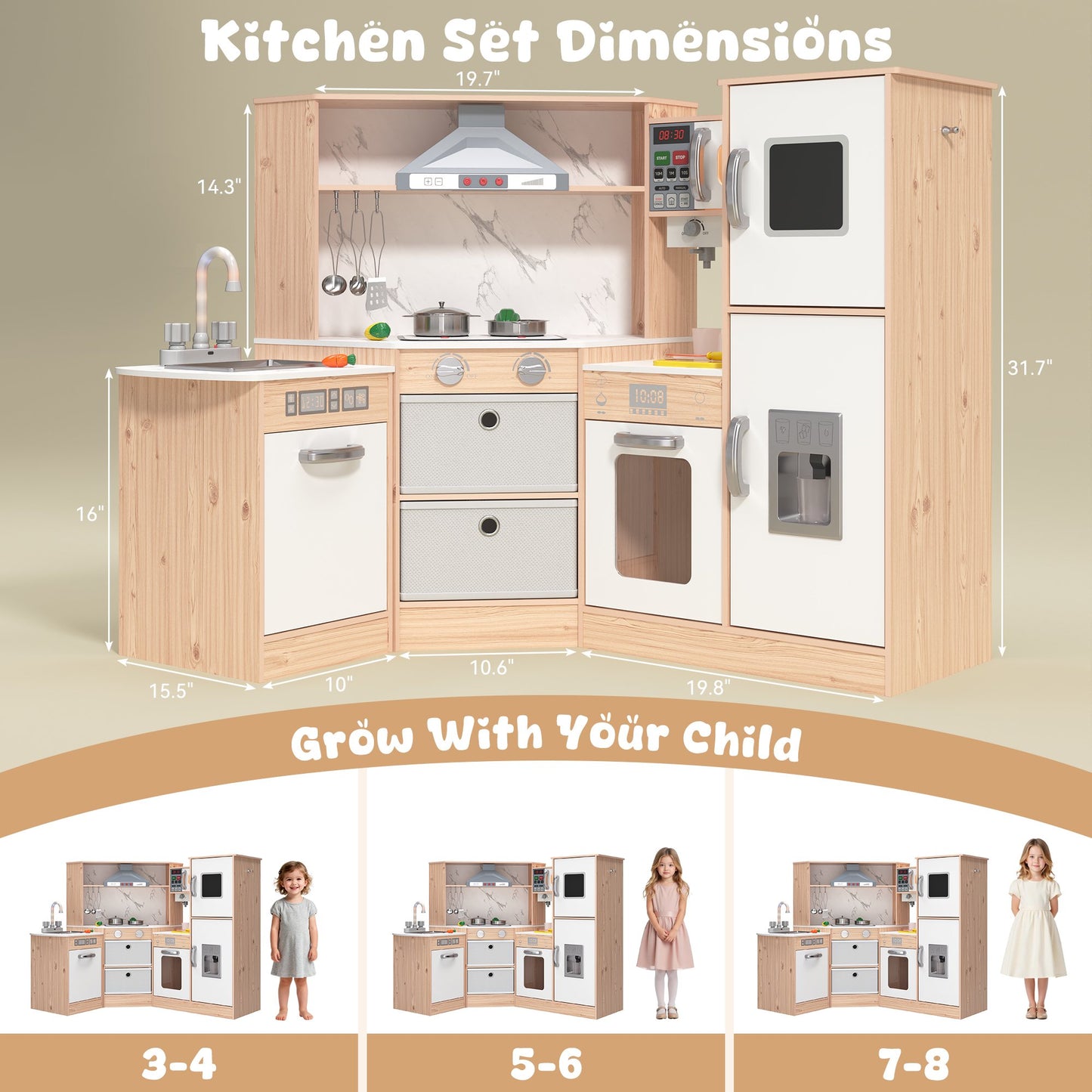 ASTUVIA Wooden Play Kitchen For Kids With Realistic Lights & Sounds, Smart Storage, Pretend Ice Maker, Sink, Stove, Inspiring Creative Role Play Toy