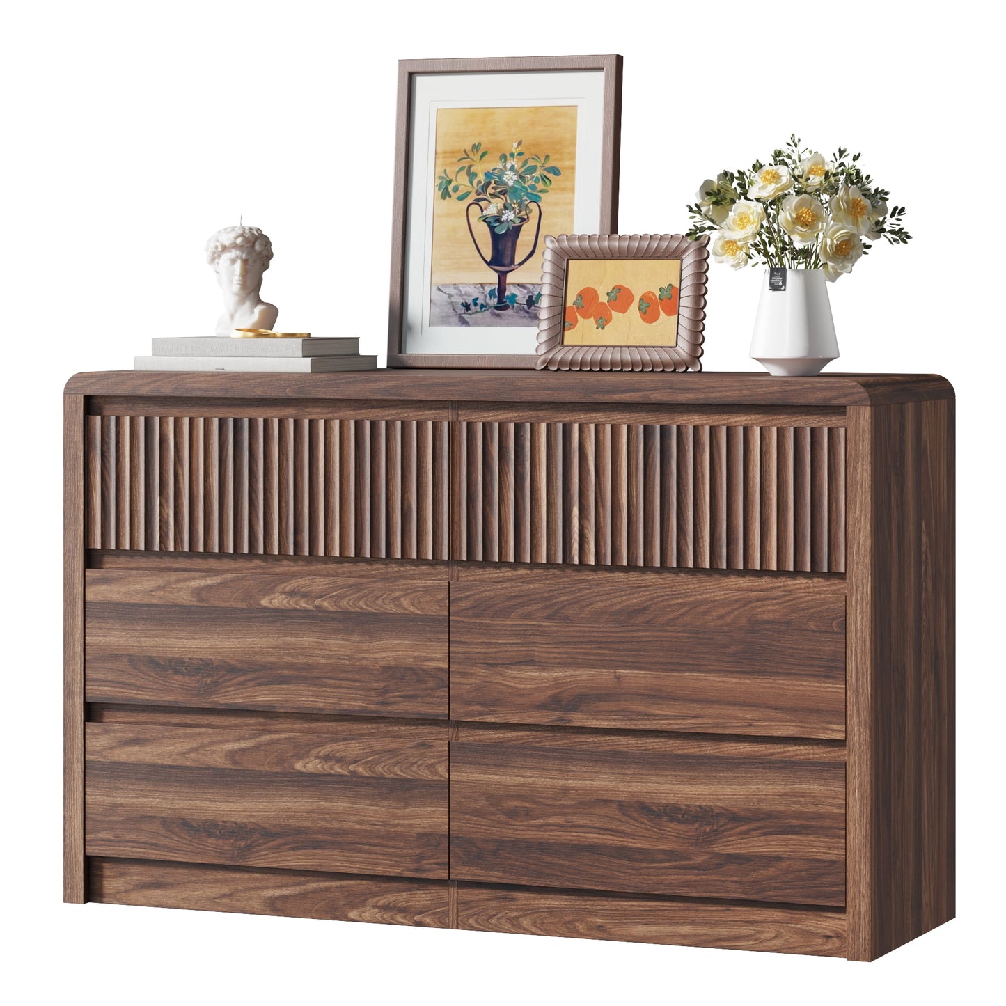 ASTUVIA 9 Fluted Drawers Dresser for Bedroom, 49.2" W Modern Chest of Drawers with Curved Profile Design, Mid Century Storage Dressers Organizer,Brown