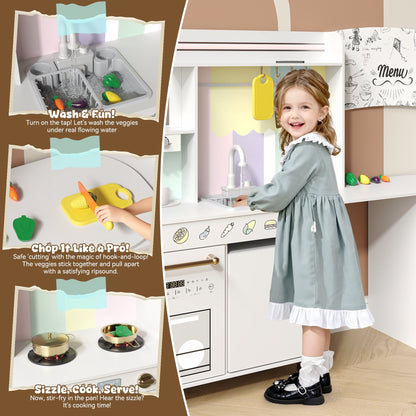 ASTUVIA Wooden Play Kitchen For Kids With Realistic Lights & Sounds, Smart Storage, Pretend Ice Maker, Sink, Stove, Inspiring Creative Role Play Toy