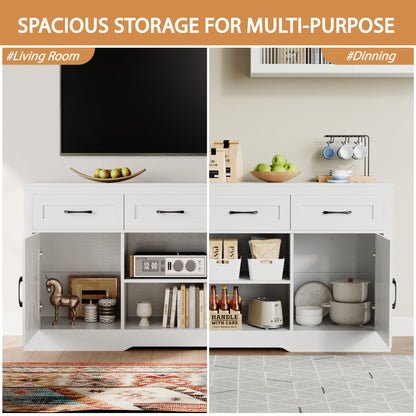 55" Farmhouse Coffee Bar Cabinet,White Wood Kitchen Sideboard W/  3 Drawers 2 Shelves for Living Room,Dining Room