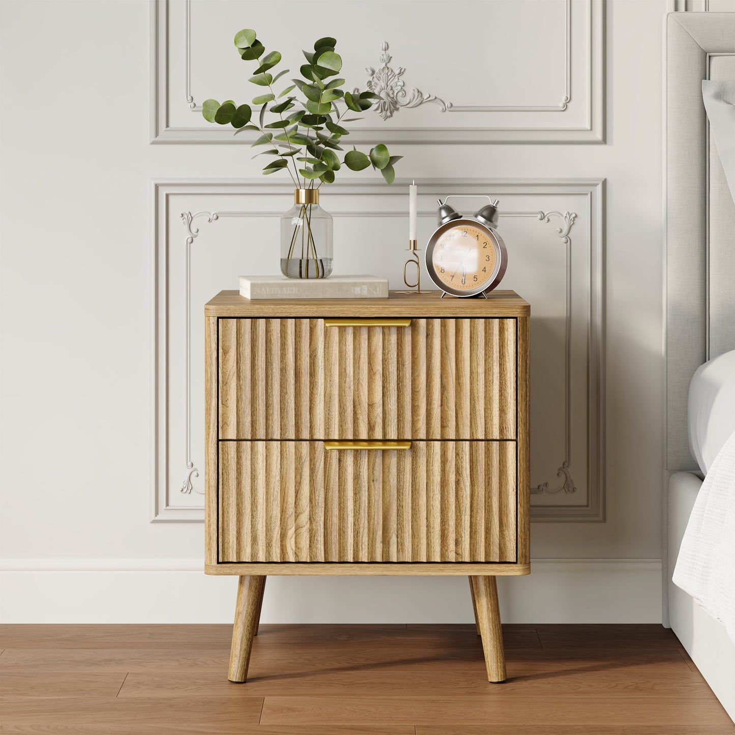 YouTrend Nightstands Set of 2 with Open Shelf,Beside Table with Fluted Design ,End Table with Solid Wood Legs for bedroom