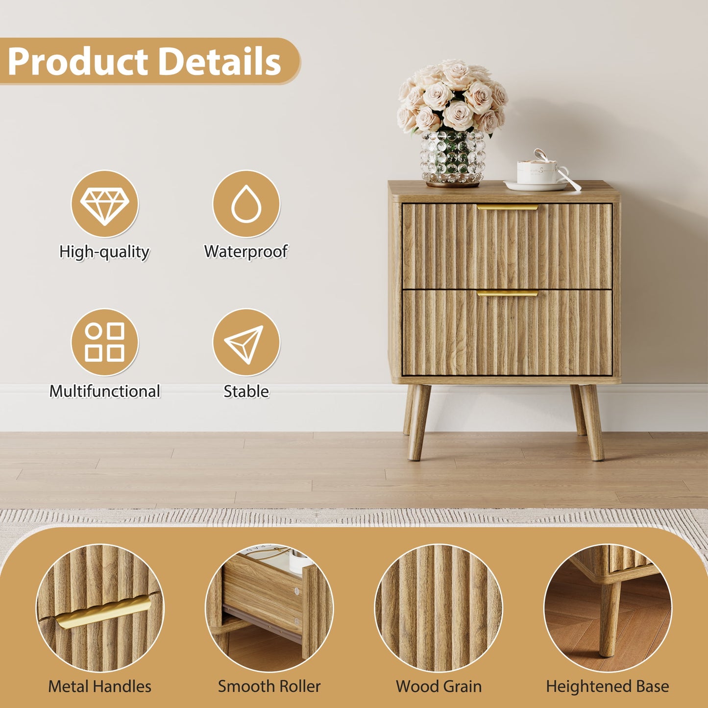YouTrend Nightstands Set of 2 with Open Shelf,Beside Table with Fluted Design ,End Table with Solid Wood Legs for bedroom