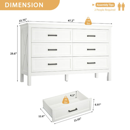 YouTrend 6 Drawer Farmhouse Dresser,Wood Adult Rustic Chest of Drawer with Metal Handles for Bedroom Living Room Hallway,Burlywood & White