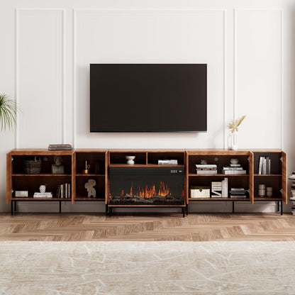 3-Sided Glass Farmhouse Fireplace TV Stand for TVs Up to 100 Inch, Entertainment Center with 36" Electric Fireplace, TV Console with Storage Cabinets for Living Room,Dark Brown