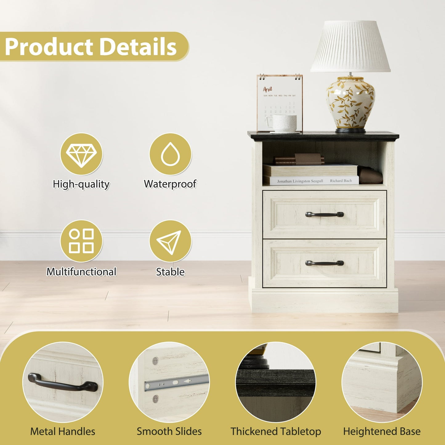 YouTrend Farmhouse Nightstand with 2 Drawers & Open Shelf End Table Bedside Tables for Bedroom Living Room,White