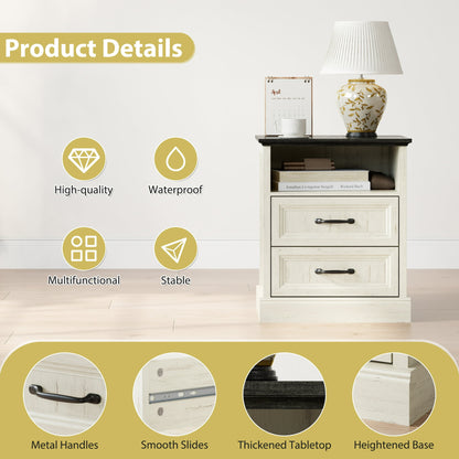 YouTrend Farmhouse Nightstand with 2 Drawers & Open Shelf End Table Bedside Tables for Bedroom Living Room,White