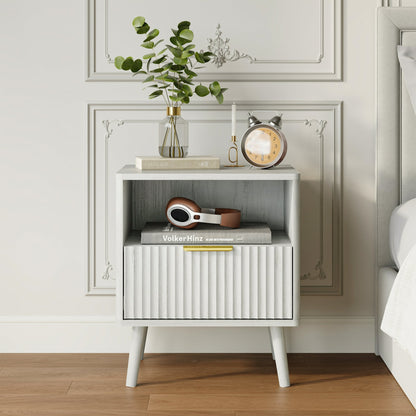 YouTrend Nightstand with Open Shelf,Beside Table with Fluted Design ,End Table with Solid Wood Legs for bedroom