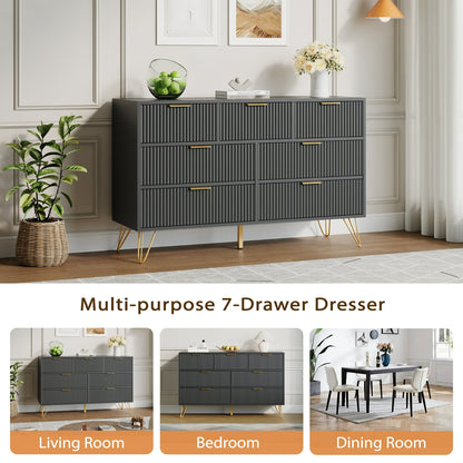YouTrend White 7 Drawer Dresser with Fluted Wood and Metal Handles Legs for Bedroom Living Room Hallway