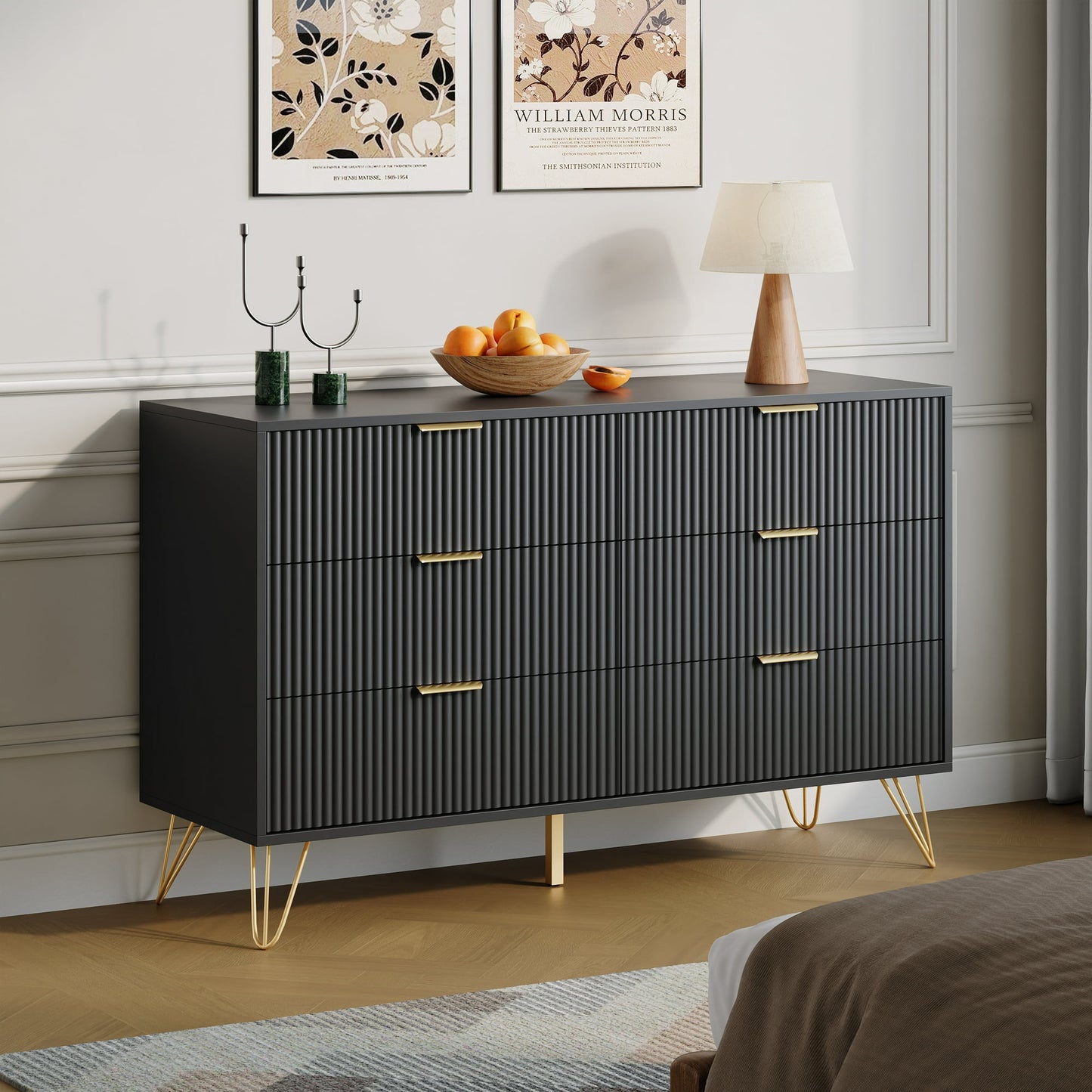 YouTrend White 6 Drawer Dresser with Fluted Wood and Metal Handles Legs for Bedroom Living Room Hallway
