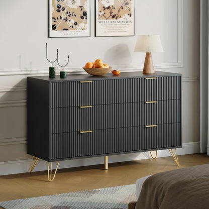 YouTrend White 6 Drawer Dresser with Fluted Wood and Metal Handles Legs for Bedroom Living Room Hallway
