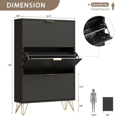 YouTrend Shoe Cabinet with 3 Flip Drawer,Fluted Wood Shoe Rack Storage Cabinet for Entryway