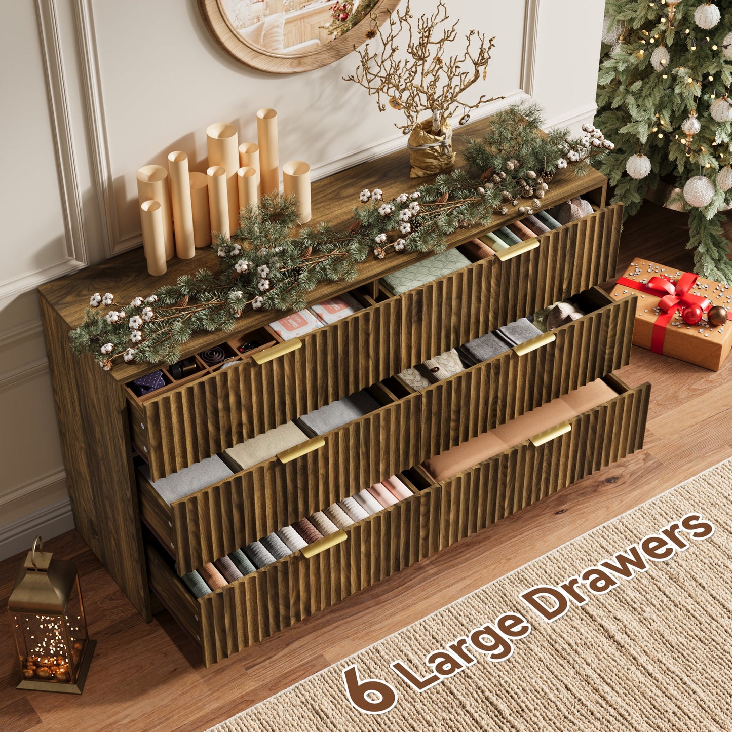 YouTrend 6 Drawer Dresser for Bedroom,55.1"Width Fluted Wood Chest of Drawer with Golden Embedded Handles for Living Room,Black