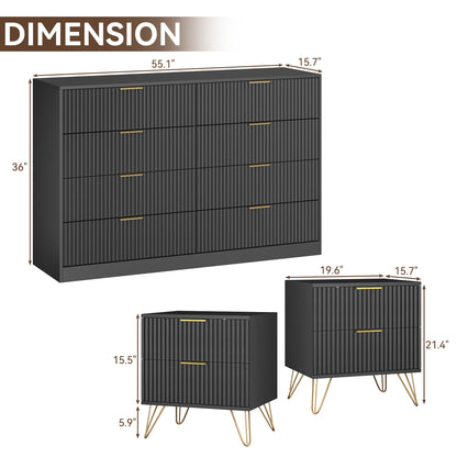 YouTrend 7 Drawer Dresser and Nightstand Sets for Bedroom,3 Piece Bedroom Dresser Set,Fluted Dressers and Nightstands, Modern Bedroom Set