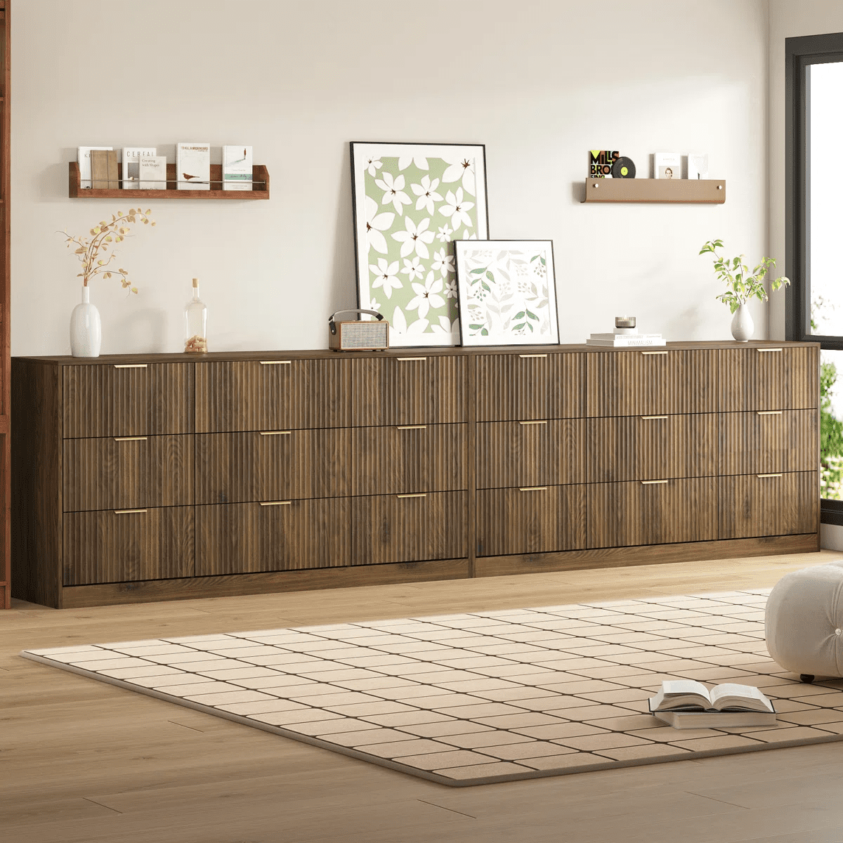 YouTrend White 9 Drawer Dresser for Bedroom,Modern Adult Fluted Wood Chest of Drawer with Golden Embedded Handles for Living Room,Hallway