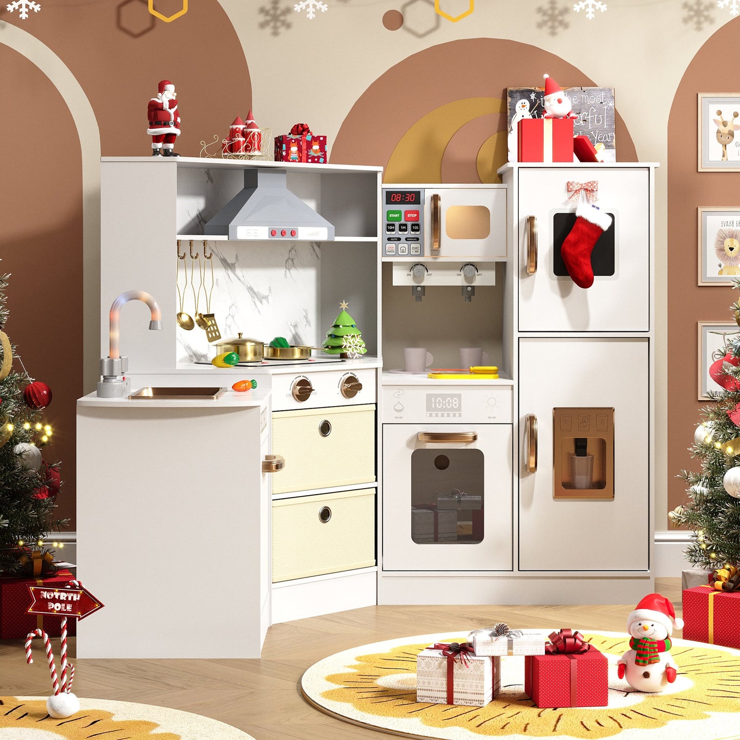 ASTUVIA Wooden Play Kitchen For Kids With Realistic Lights & Sounds, Smart Storage, Pretend Ice Maker, Sink, Stove, Inspiring Creative Role Play Toy