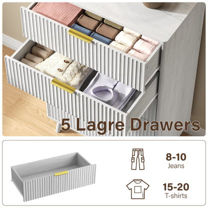 YouTrend 5 Drawer Dresser for Bedroom,Tall Dresser with Metal Handle,Fluted Dresser Modern Storage Cabinet for Home Office Living Room,White