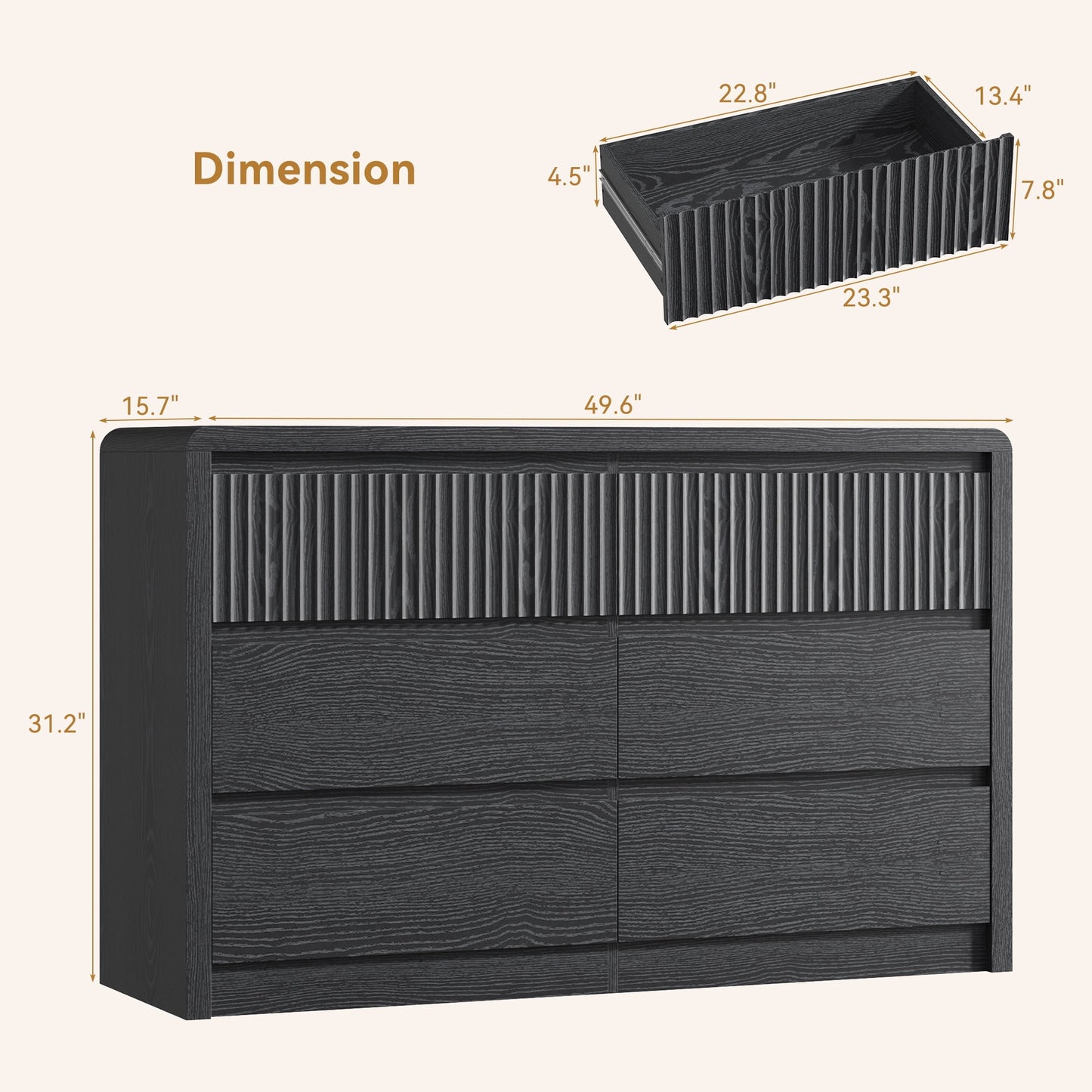 ASTUVIA 9 Fluted Drawers Dresser for Bedroom, 49.2" W Modern Chest of Drawers with Curved Profile Design, Mid Century Storage Dressers Organizer,Brown
