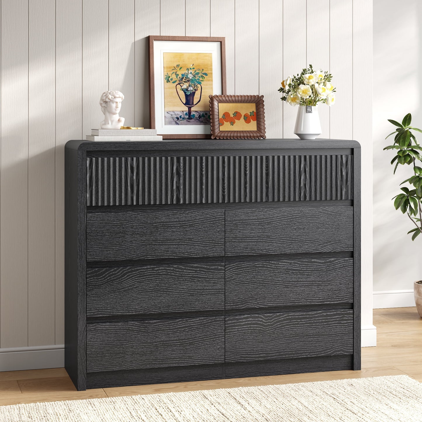 ASTUVIA 9 Fluted Drawers Dresser for Bedroom, 49.2" W Modern Chest of Drawers with Curved Profile Design, Mid Century Storage Dressers Organizer,Brown