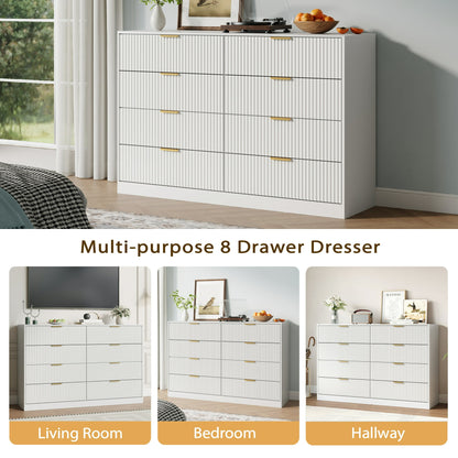 8 Drawer Dresser with for Bedroom,Modern Fluted Wood Chest of Drawer with Golden Embedded Handles for Living Room,Hallway