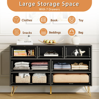 YouTrend White 7 Drawer Dresser with Fluted Wood and Metal Handles Legs for Bedroom Living Room Hallway