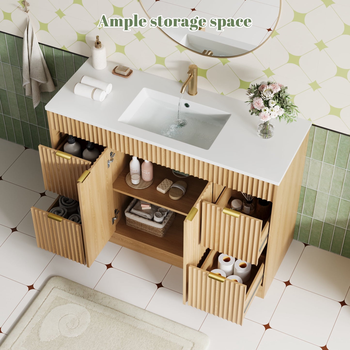 ASTUVIA 60" Fluted Bathroom Vanity Cabinet with 2 Drawers,Bathroom Vanity with Sink and 4 Soft-Close Doors,Floating Bathroom Sink Cabinet,Brown
