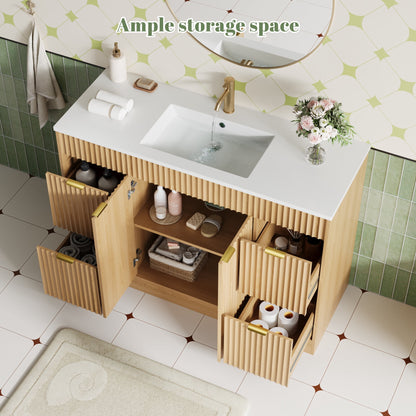ASTUVIA 60" Fluted Bathroom Vanity Cabinet with 2 Drawers,Bathroom Vanity with Sink and 4 Soft-Close Doors,Floating Bathroom Sink Cabinet,Brown