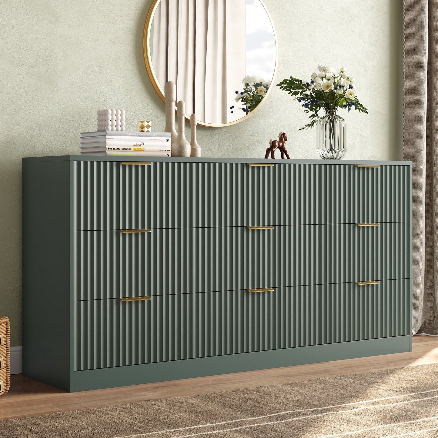 ASTUVIA 55.1" W Fluted 6 Drawer Dresser for Adult,Wooden Bedroom Dresser,Dresser TV Stand up to 65" for Living Room,Brown