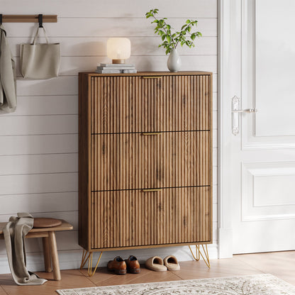 YouTrend Shoe Cabinet with 3 Flip Drawer,Fluted Wood Shoe Rack Storage Cabinet for Entryway