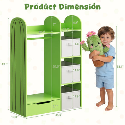 ASTUVIA Kids Clothing Rack with Drawers, Kids Dress Up Storage for Coats, Wood Closet with Fabric Drawers for Bedroom Playroom,Green