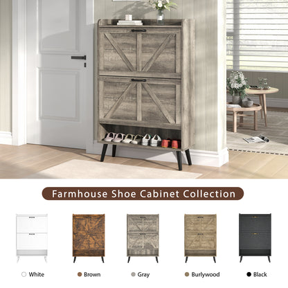 Shoe Storage Cabinet with 2 Flip Drawers, Farmhouse Shoe Organizer for Entryway