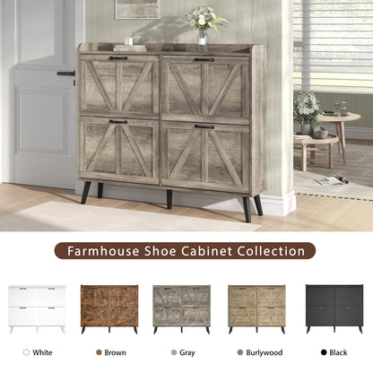 Shoe Storage Cabinet with 4 Flip Drawers, Farmhouse Shoe Organizer for Entryway