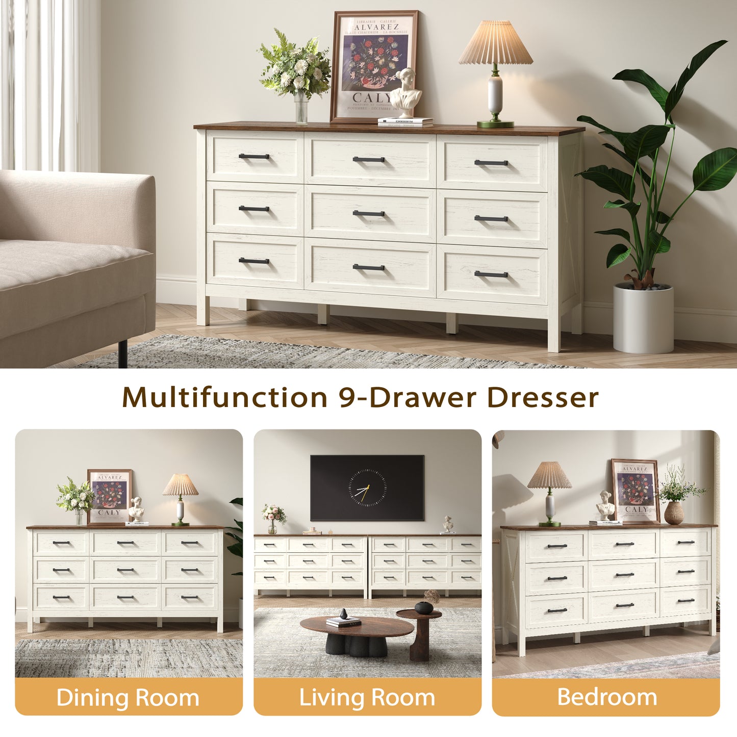 9 Drawer Farmhouse Dresser,Wood Adult Rustic Chest of Drawer with Metal Handles for Bedroom Living Room Hallway
