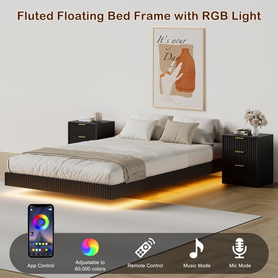 ASTUVIA 4-Piece Bedroom Set for Adult, Fluted Queen Floating LED Bed Frame with 2 Nightstands and Fluted Drawer Dressers
