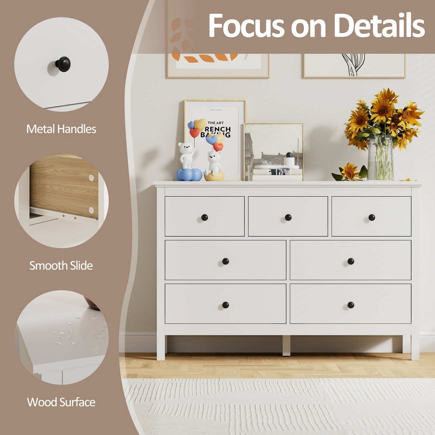 YouTrend White Dresser with 7 Drawer for Bedroom,Traditional Adult Chest of Drawers with Metal Handles for Living Room,Hallway