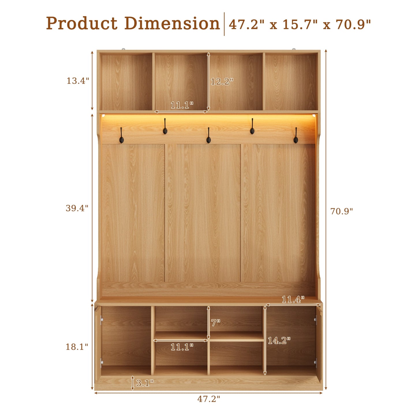 ASTUVIA 70.9"H LED Hall Tree with Bench & Shoe Storage, 47.2"W Entryway Coat Rack with 5 Hooks & 2 Fluted Doors,5 in 1 Coat Hanger for Hallway, Living Room