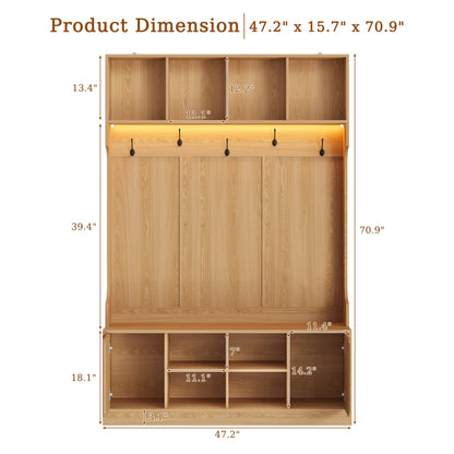 ASTUVIA 70.9"H LED Hall Tree with Bench & Shoe Storage, 47.2"W Entryway Coat Rack with 5 Hooks & 2 Fluted Doors,5 in 1 Coat Hanger for Hallway, Living Room