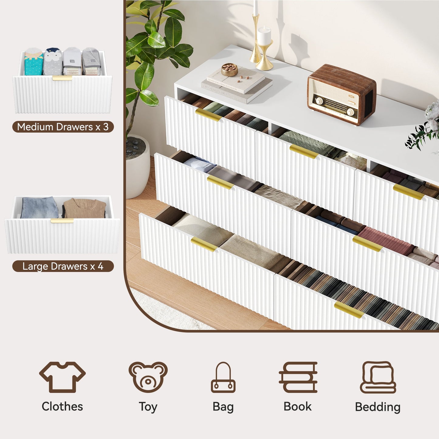 YouTrend 7 Drawer Dresser and Nightstand Sets for Bedroom,3 Piece Bedroom Dresser Set,Fluted Dressers and Nightstands, Modern Bedroom Set