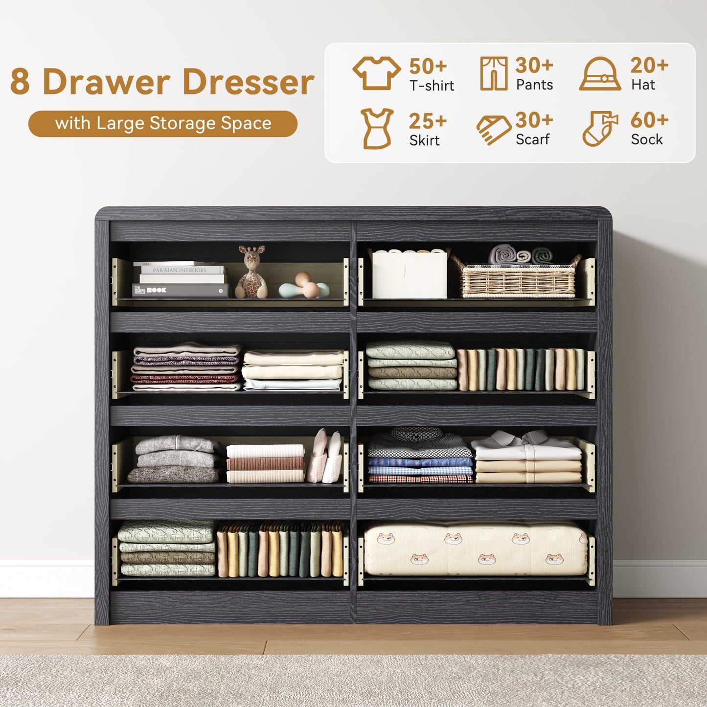 ASTUVIA 9 Fluted Drawers Dresser for Bedroom, 49.2" W Modern Chest of Drawers with Curved Profile Design, Mid Century Storage Dressers Organizer,Brown