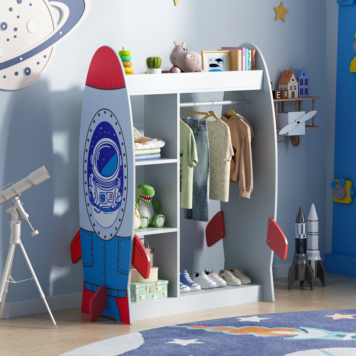 ASTUVIA Kids Dress Up Storage with Mirror, Rocket Shape Kids Clothing Rack with Storage Shelves for Bedroom,Playroom
