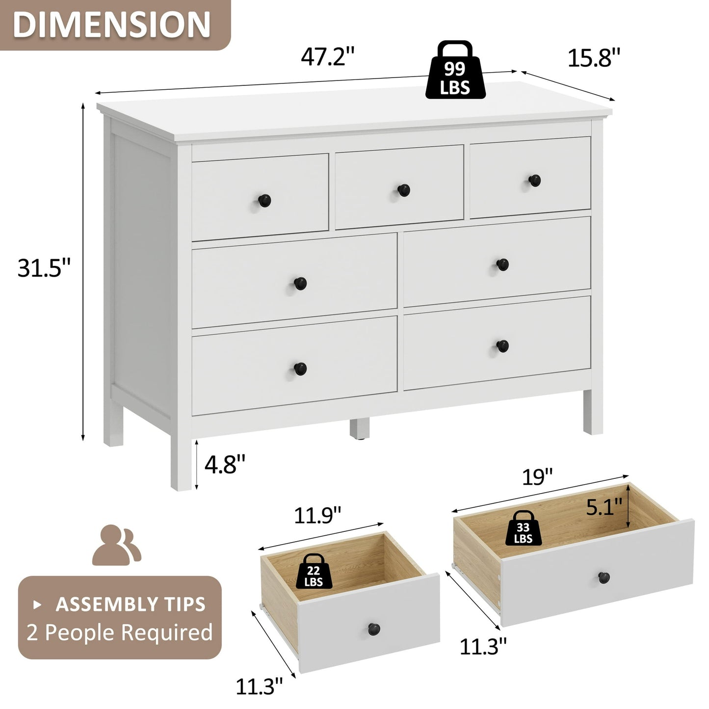 YouTrend White Dresser with 7 Drawer for Bedroom,Traditional Adult Chest of Drawers with Metal Handles for Living Room,Hallway