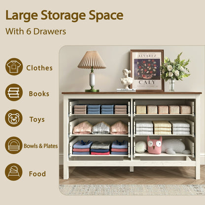 YouTrend 6 Drawer Farmhouse Dresser,Wood Adult Rustic Chest of Drawer with Metal Handles for Bedroom Living Room Hallway,Burlywood & White