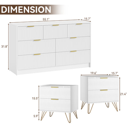 YouTrend 7 Drawer Dresser and Nightstand Sets for Bedroom,3 Piece Bedroom Dresser Set,Fluted Dressers and Nightstands, Modern Bedroom Set