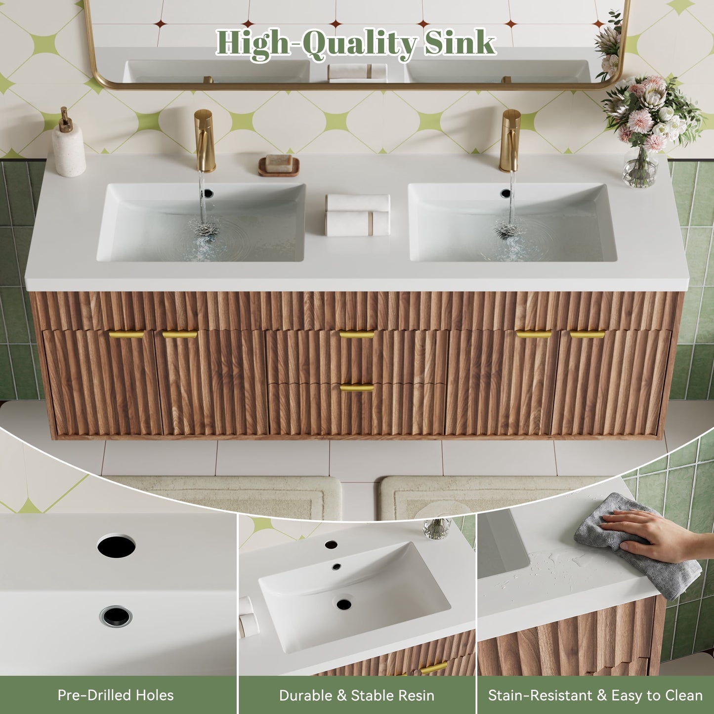ASTUVIA 60" Fluted Bathroom Vanity Cabinet with 2 Drawers,Bathroom Vanity with Sink and 4 Soft-Close Doors,Floating Bathroom Sink Cabinet,Brown