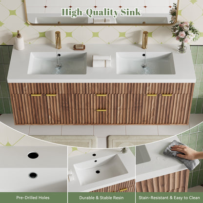 ASTUVIA 60" Fluted Bathroom Vanity Cabinet with 2 Drawers,Bathroom Vanity with Sink and 4 Soft-Close Doors,Floating Bathroom Sink Cabinet,Brown