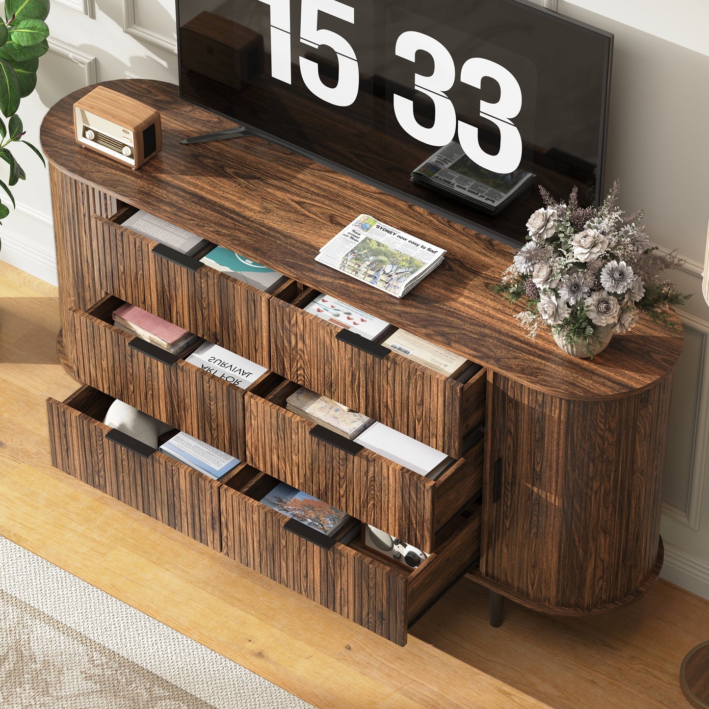 ASTUVIA Fluted 6 Drawers Dresser, 63'' Wide Modern Chest of Drawers with Sideboard,Curved Profile & Sturdy Legs, Dresser TV Stand for Bedroom, Living Room