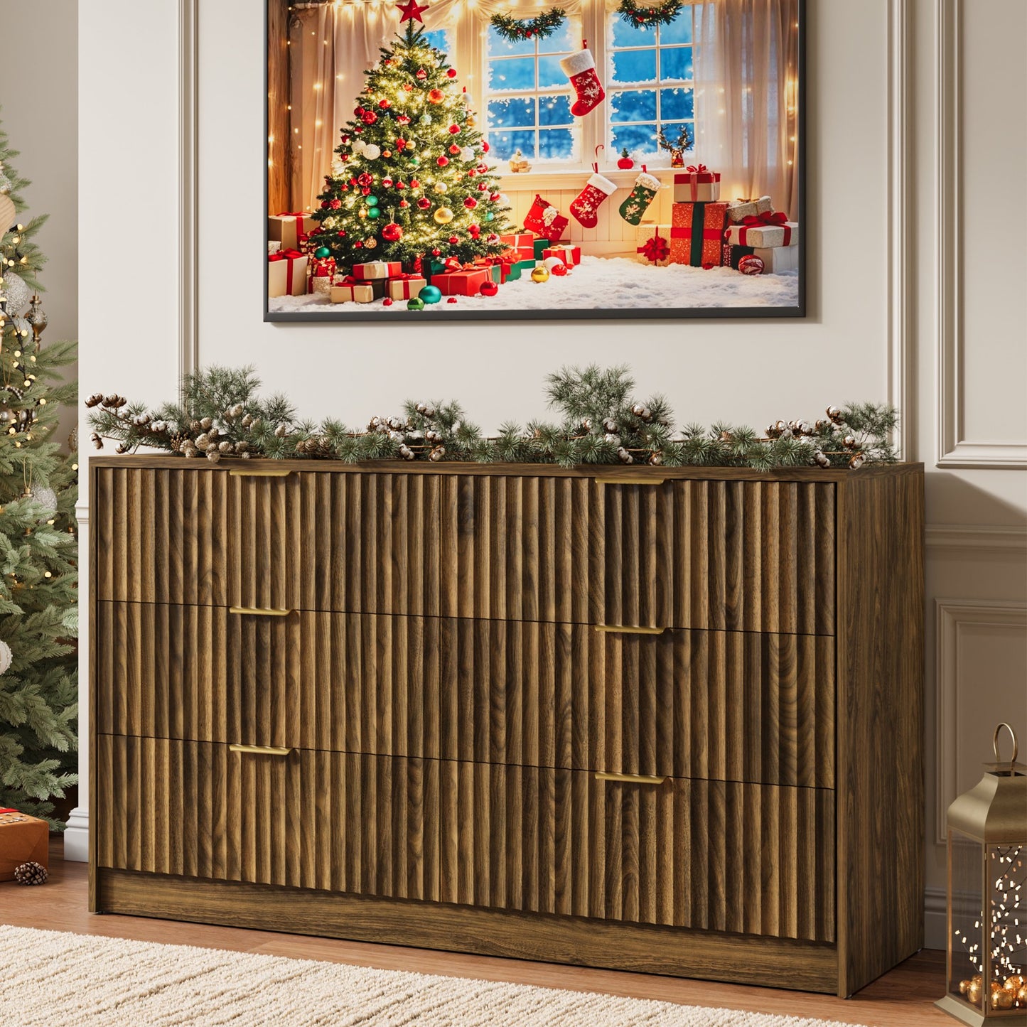 YouTrend 6 Drawer Dresser for Bedroom,55.1"Width Fluted Wood Chest of Drawer with Golden Embedded Handles for Living Room,Black